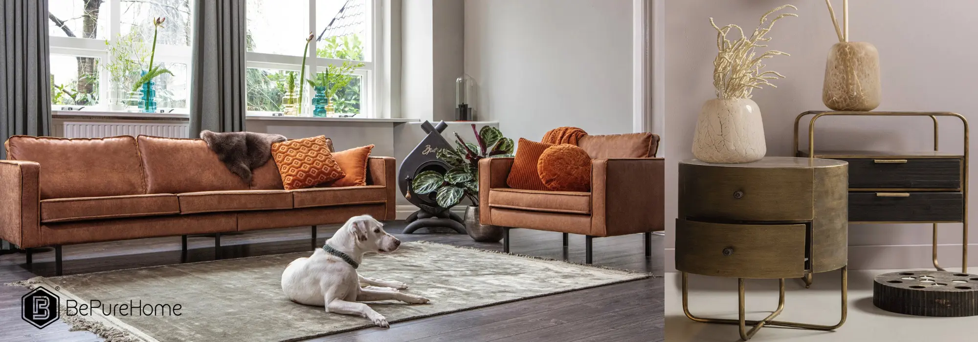 BePureHome Rodeo sofa og lenestol i skinn med Glossy sidebord og nattbord i messing – moderne og industriell stueinnredning