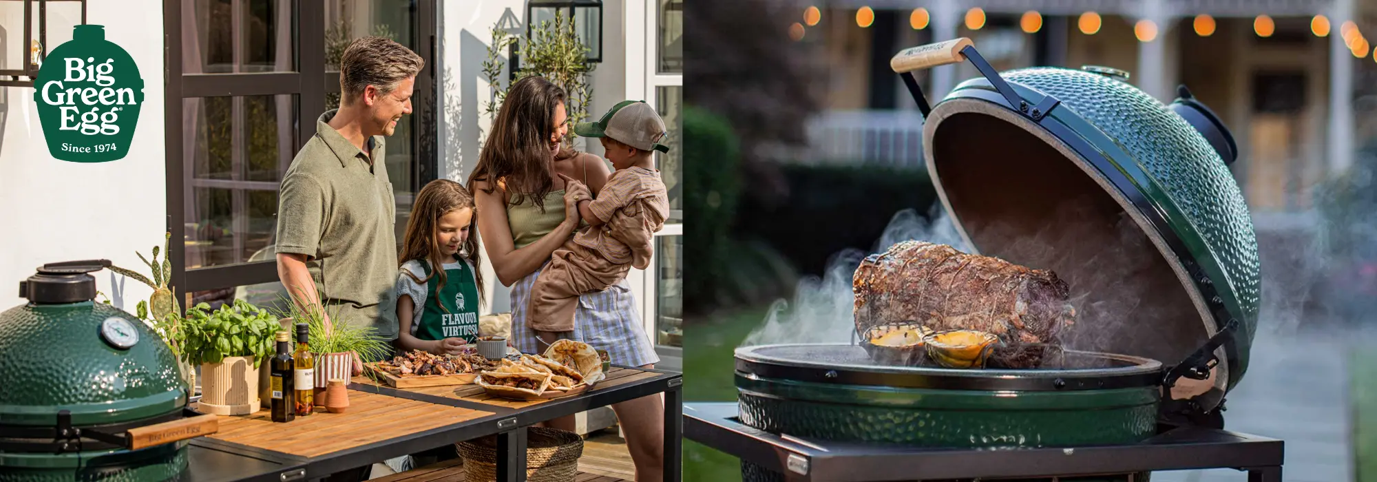 Familie griller og koser seg med Big Green Egg kamado keramisk kullgrill – perfekt for sommermat og slow cooking