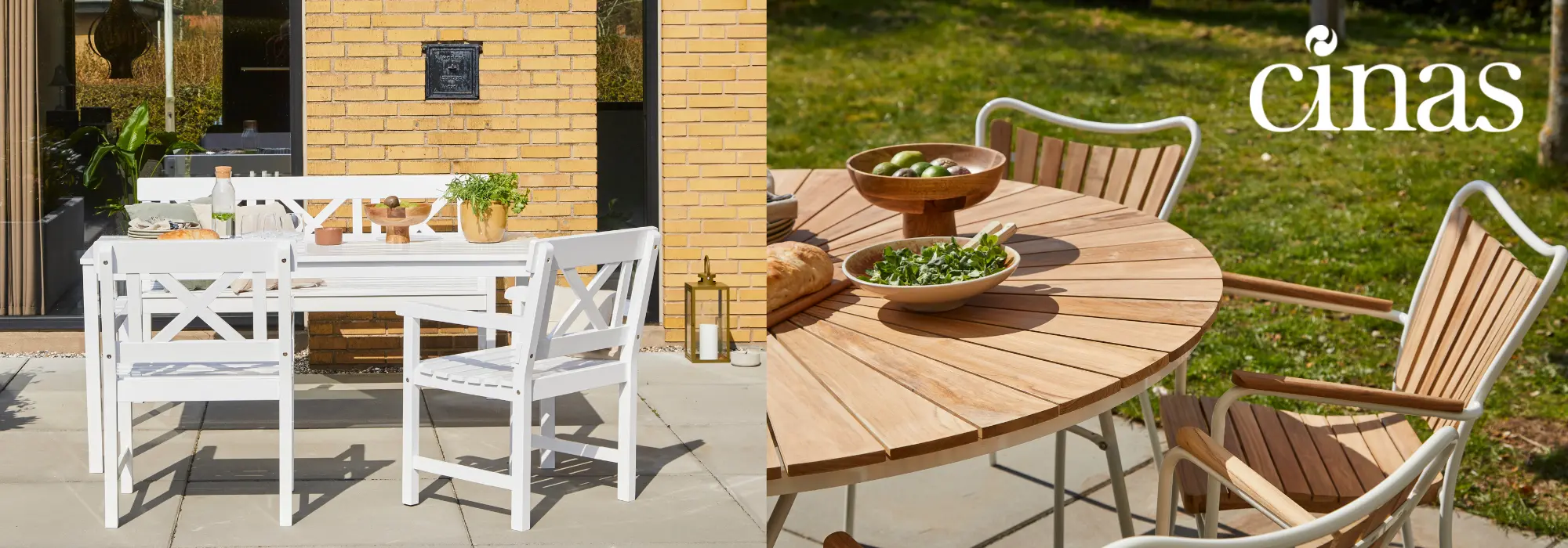 Cinas hagemøbler og utemøbler i teak og hvitt med utebord, hagebord, utestoler og hagemøbelsett.