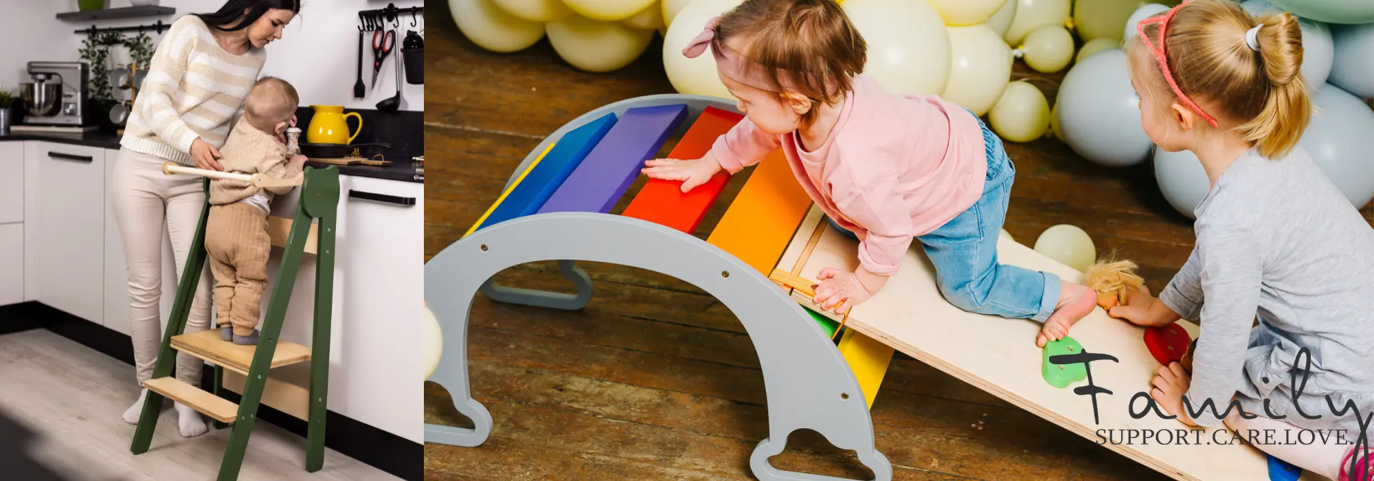 Family SCL barnemøbler montessori læringstårn, kjøkkenhjelper, latrestativ, klatrerampe og vippebue.