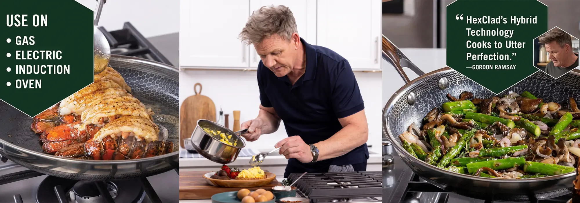 HexClad hybrid stekepanner og gryter i stål brukt av Gordon Ramsay – fungerer på gass, induksjon, elektrisk og i ovn.