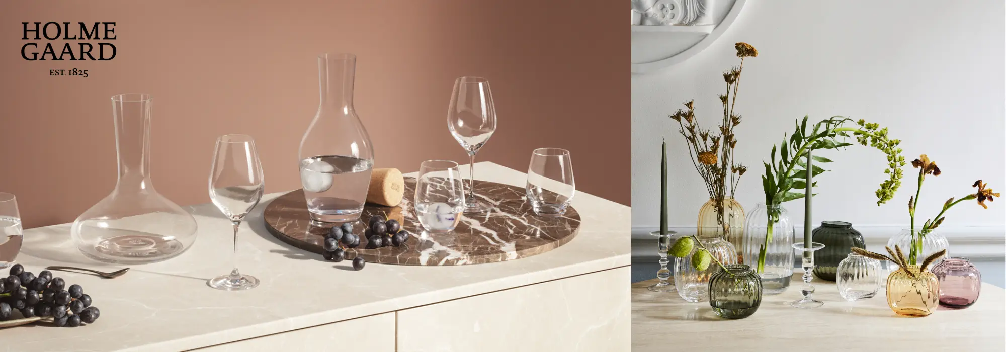 Holmegaard vinglass, vannglass, vinkaraffel, vannkaraffel og dekorative vaser i glass.