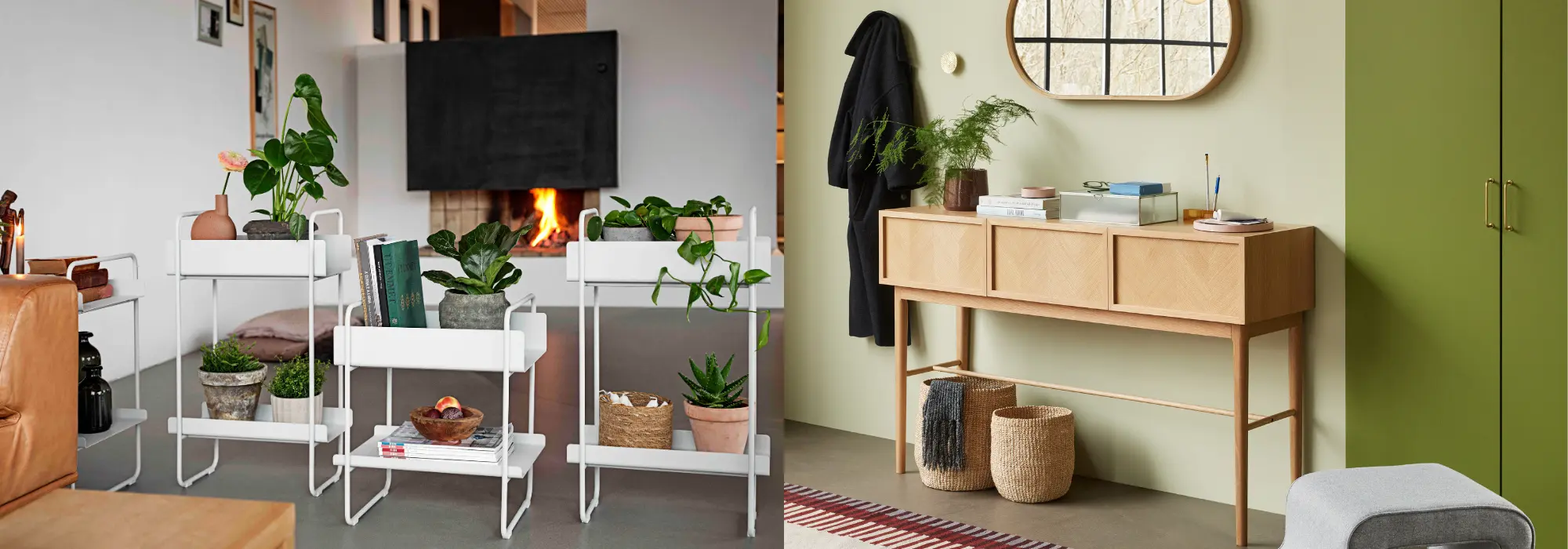 Konsollbord og avlastningsbord i eik og hvit fra Zone Denmark og Hübsch – perfekt for entré, gang og stue.