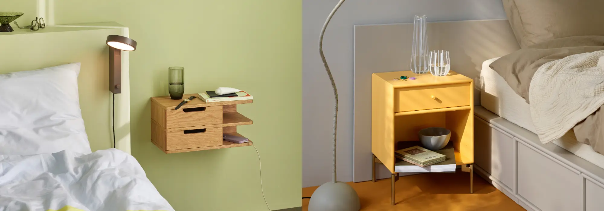 Nattbord i eik – både vegghengt og frittstående nattbord. Moderne sengebord fra Montana og Hübsch i stilrent nordisk design.