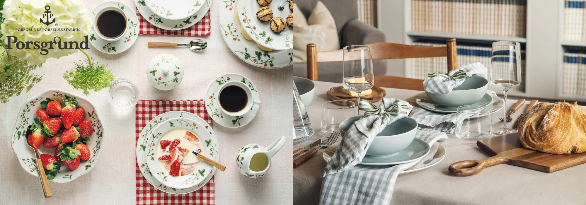 Sommerlig borddekking med Porsgrund servise og friske jordbær – elegant og klassisk frokostbord