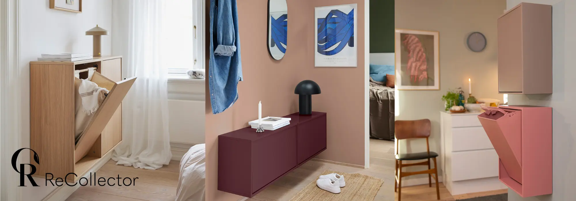 ReCollector vegghengt oppbevaring og sorteringsmøbler i tre og fargerik design.