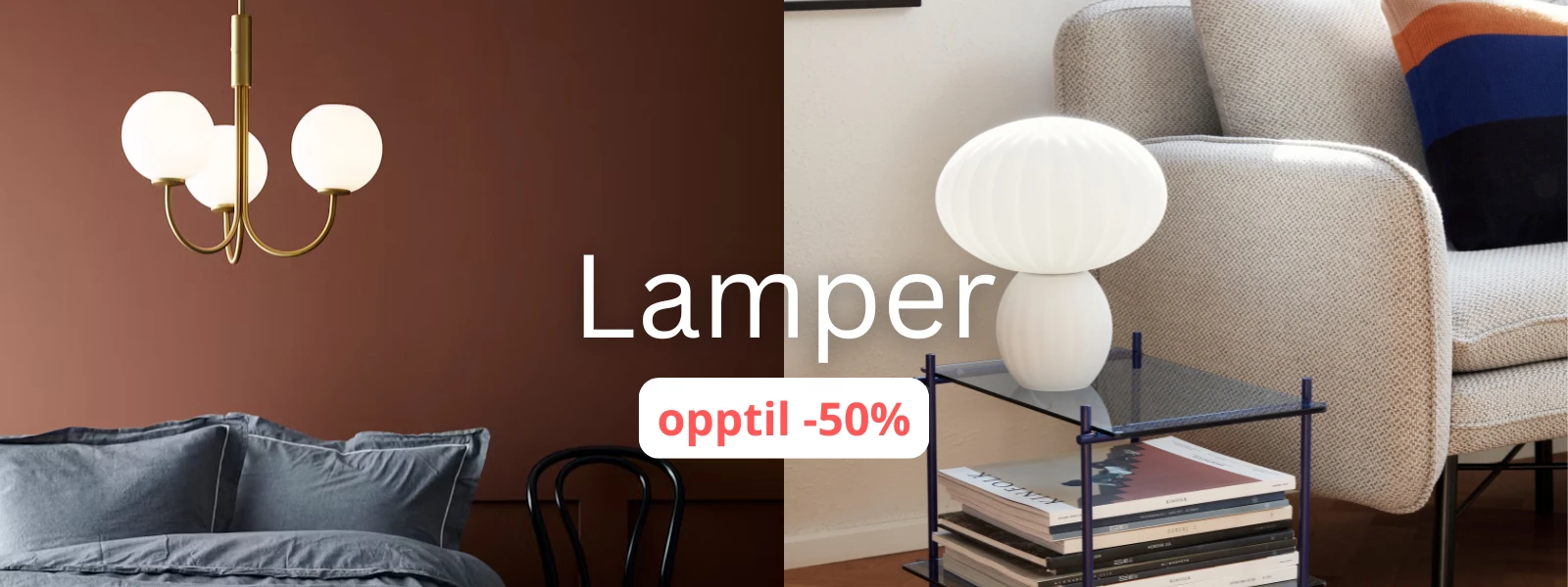Taklampe i messing og bordlampe i opalglass i moderne interiør – opptil 50 % rabatt på lamper