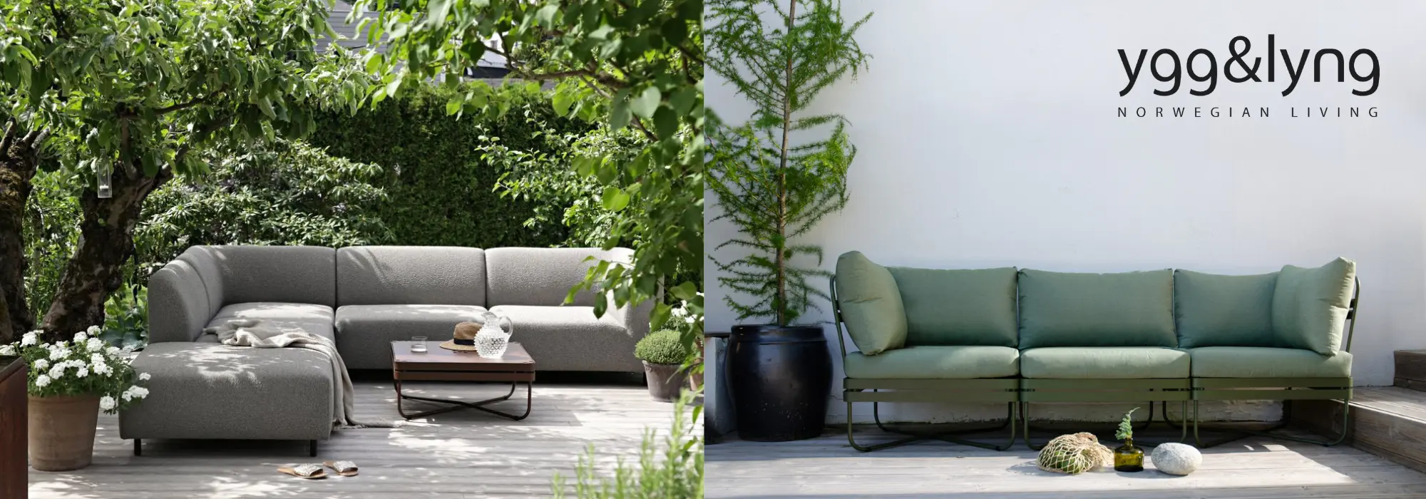 Moderne utemøbler fra Ygg & Lyng – modulsofaene Bris og Aften i grønne og grå nyanser.
